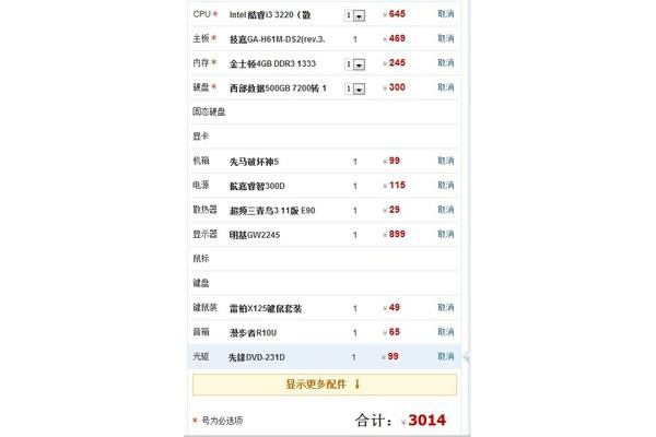 电脑配置清单2014